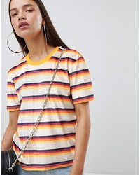 T-shirt à col rond en velours à rayures horizontales multicolore