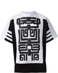 T-shirt à col rond géométrique blanc et noir Kokon To Zai