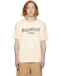 T-shirt à col rond imprimé beige Balmain