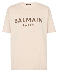T-shirt à col rond imprimé beige Balmain
