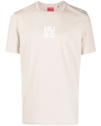 T-shirt à col rond imprimé beige Hugo