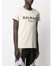 T-shirt à col rond imprimé beige Balmain