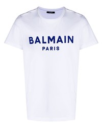 T-shirt à col rond imprimé blanc et bleu marine Balmain