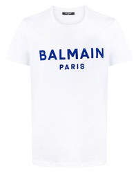 T-shirt à col rond imprimé blanc et bleu marine Balmain