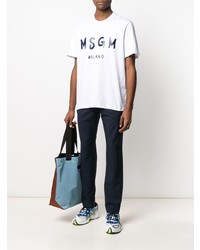 T-shirt à col rond imprimé blanc et bleu marine MSGM