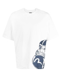 T-shirt à col rond imprimé blanc et bleu marine Evisu