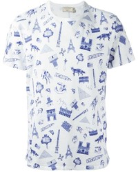 T-shirt à col rond imprimé blanc et bleu marine Kitsune