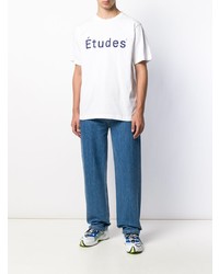 T-shirt à col rond imprimé blanc et bleu marine Études