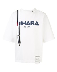 T-shirt à col rond imprimé blanc et bleu marine Maison Mihara Yasuhiro