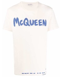 T-shirt à col rond imprimé blanc et bleu Alexander McQueen