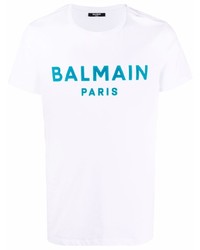 T-shirt à col rond imprimé blanc et bleu Balmain