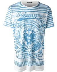 T-shirt à col rond imprimé blanc et bleu Balmain