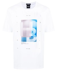 T-shirt à col rond imprimé blanc et bleu BOSS