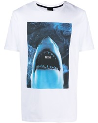 T-shirt à col rond imprimé blanc et bleu BOSS