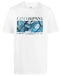 T-shirt à col rond imprimé blanc et bleu C.P. Company