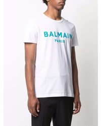 T-shirt à col rond imprimé blanc et bleu Balmain