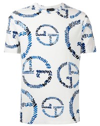 T-shirt à col rond imprimé blanc et bleu Giorgio Armani