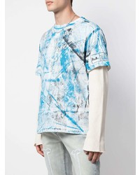 T-shirt à col rond imprimé blanc et bleu Haculla