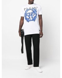 T-shirt à col rond imprimé blanc et bleu Philipp Plein