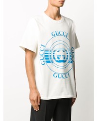 T-shirt à col rond imprimé blanc et bleu Gucci