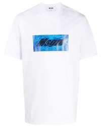 T-shirt à col rond imprimé blanc et bleu MSGM