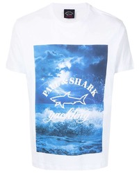 T-shirt à col rond imprimé blanc et bleu Paul & Shark