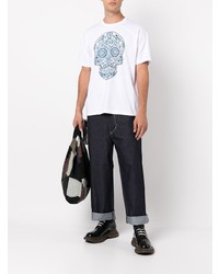 T-shirt à col rond imprimé blanc et bleu Junya Watanabe MAN