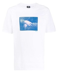 T-shirt à col rond imprimé blanc et bleu Stussy
