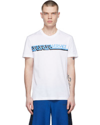 T-shirt à col rond imprimé blanc et bleu Versace