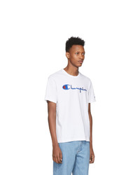 T-shirt à col rond imprimé blanc et bleu Champion Reverse Weave