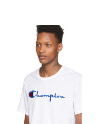T-shirt à col rond imprimé blanc et bleu Champion Reverse Weave