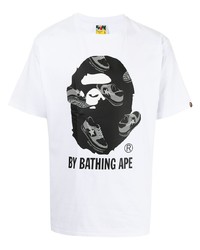 T-shirt à col rond imprimé blanc et noir A Bathing Ape