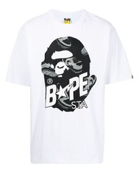 T-shirt à col rond imprimé blanc et noir A Bathing Ape