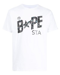 T-shirt à col rond imprimé blanc et noir A Bathing Ape