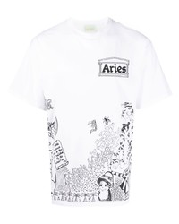T-shirt à col rond imprimé blanc et noir Aries