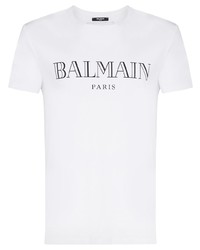 T-shirt à col rond imprimé blanc et noir Balmain