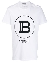 T-shirt à col rond imprimé blanc et noir Balmain