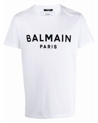 T-shirt à col rond imprimé blanc et noir Balmain