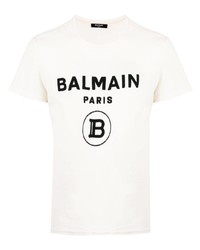 T-shirt à col rond imprimé blanc et noir Balmain