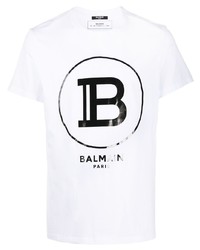 T-shirt à col rond imprimé blanc et noir Balmain