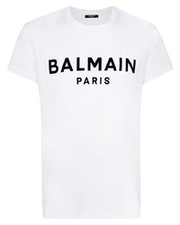 T-shirt à col rond imprimé blanc et noir Balmain