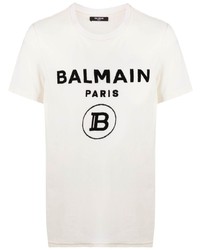 T-shirt à col rond imprimé blanc et noir Balmain