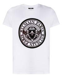 T-shirt à col rond imprimé blanc et noir Balmain