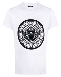 T-shirt à col rond imprimé blanc et noir Balmain