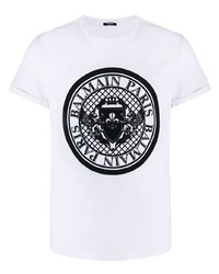 T-shirt à col rond imprimé blanc et noir Balmain