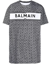 T-shirt à col rond imprimé blanc et noir Balmain