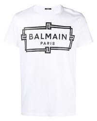 T-shirt à col rond imprimé blanc et noir Balmain