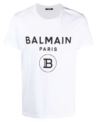 T-shirt à col rond imprimé blanc et noir Balmain