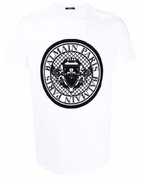 T-shirt à col rond imprimé blanc et noir Balmain