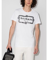 T-shirt à col rond imprimé blanc et noir Balmain